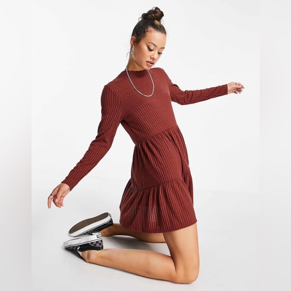 NWOT Topshop cut and sew tiered throw-on dress in rust - Size 4 / S - Picture 1 of 7